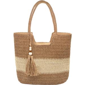 Long Keeper Beach Bags for Women Summer Straw Bag with Zipper Woven Shoulder Handbag Beach Tote Bags for Travel Vacation (Khaki Beige With Tassel)
