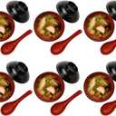 Set of 6 Japanese Miso Soup Bowls with Lids and Spoons, 11 oz Black and Red, Rice Snack Dessert Bowl Set (Small)