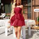 LAGSHIAN Women's Sexy Strapless Backless Mini Dress Tube Top Petal Ruffle Cocktail Party Dresses (Red)