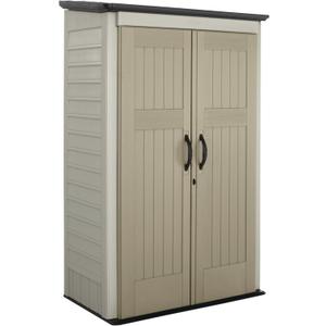 Rubbermaid Vertical Resin Outdoor Storage Shed With Floor (4 x 2.5 Ft) Weather Resistant Beige/Brown Organization for Home/Backyard/Pool Chemicals/Toys/Garden Tools/Porch/Patio Cushions
