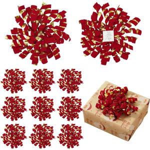 6 Inch x 12 Counts Red Velvet Ribbon Bow with Golden Back Curly Bows for Gift Wrapping, Wedding, Baby Shower, Self Adhesive Valentine Bows for Presents, Baskets, Wine Bottles, Treat Bags