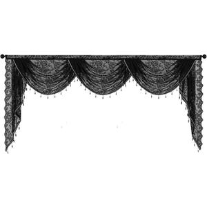vctops Lace Beaded Waterfall Valances for Windows Floral Vintage Swag Valance Sheer Kitchen Window Curtains Over Sink Curtain Valance for Living Room Bedroom Bathroom Cafe (Black,98"x41")