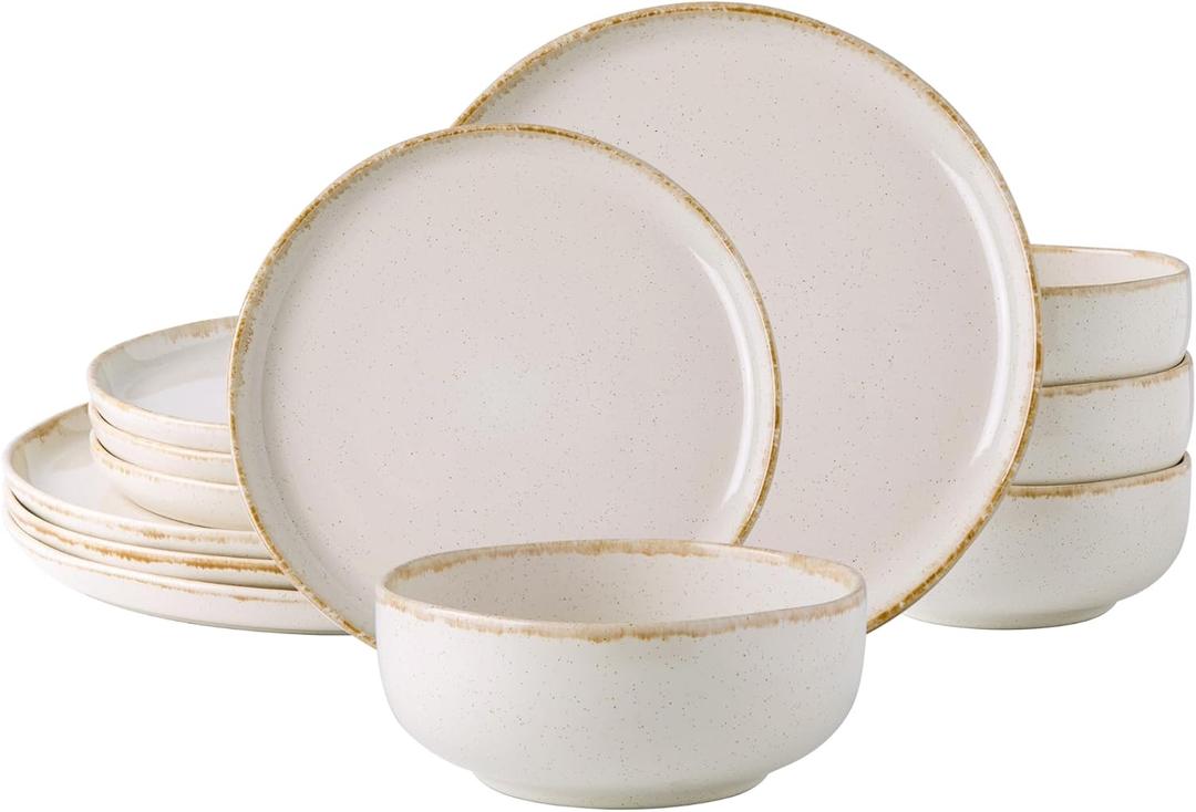 AmorArc Ceramic Dinnerware Sets, Wavy Rim Stoneware Plates and Bowls Sets, Highly Chip and Crack Resistant | Dishwasher & Microwave Dishes set, Service for 4 (12pc)-Speckled Cappuccino (Service for 4, Cappuccino)