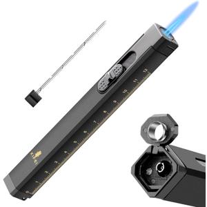 TISFA Cigar Lighter, Cigar Punch, Cigar Draw Enhancer, Cigar Length Measuring Tools, All-in-one Refillable Butane Lighter, Windproof and Portable Pen Torch Lighter (Black)