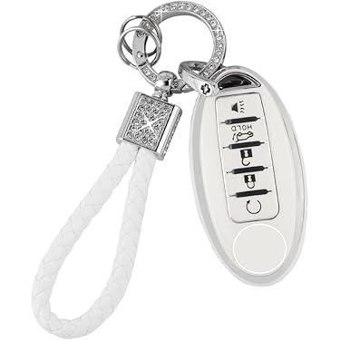 YIKECASE Key Fob Cover with Diamond Keychain, Car Key Holder Compatible with Nissan Altima Rogue Sentra Pathfinder Frontier Maxima Titan Murano Kicks Juke Versa Armada GTR 5 Buttons,(White)