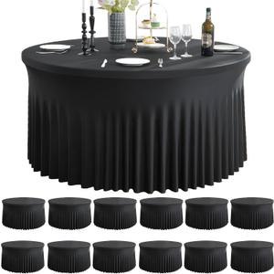 12 Pack Black Round Spandex Tablecloth for 60 inch Table, Wrinkle Free Stretchy 120inch Fitted 5FT Round Table Cloths Cover with Skirt for Wedding Birthday Party Dining Banquet Events