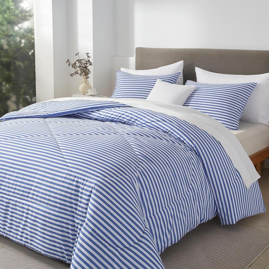 mixinni Striped Comforter Set Queen Size - Blue Stripes Pattern Bed Set for All Season, 3 Pieces Lightweight Bedding Comforter Sets for All Seasons (1 Soft Fluffy Comforter + 2 Pillowcases)