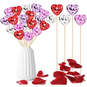 YLOLUL 24 Pcs Valentine's Day Heart Shaped Picks Valentine Glitter Foam Hearts Stems Heart Shaped Disco Balls Mirror Heart Disco Picks for Valentine Wedding Cake Vase Filler Party Supplies