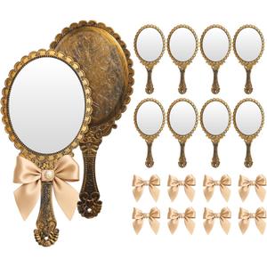 Wesiti 8 Pcs Vintage Handheld Mirrors Embossed Flower Princess Mirror with Bow Makeup Cosmetic Glass with Handle for Wedding Party Favors(Brass Gold)