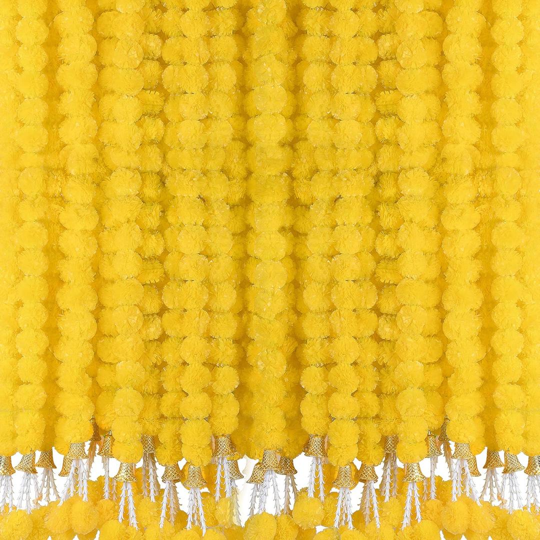 6 Pcs 5 Ft Artificial Marigold Flowers Garland, Dia de Los Muertos Faux Garlands Diwali Decoration with Pendant Bell for Indian American Wedding Party Mantle Decor (Yellow)