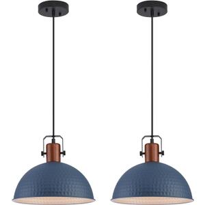 12 Inch Blue Pendant Lights Hammered Matte Pendant Lights for Kitchen Island Industrial Farmhouse Adjustable Height Dome Hanging Light Fixtures for Barn, Dining Room 2 Packs