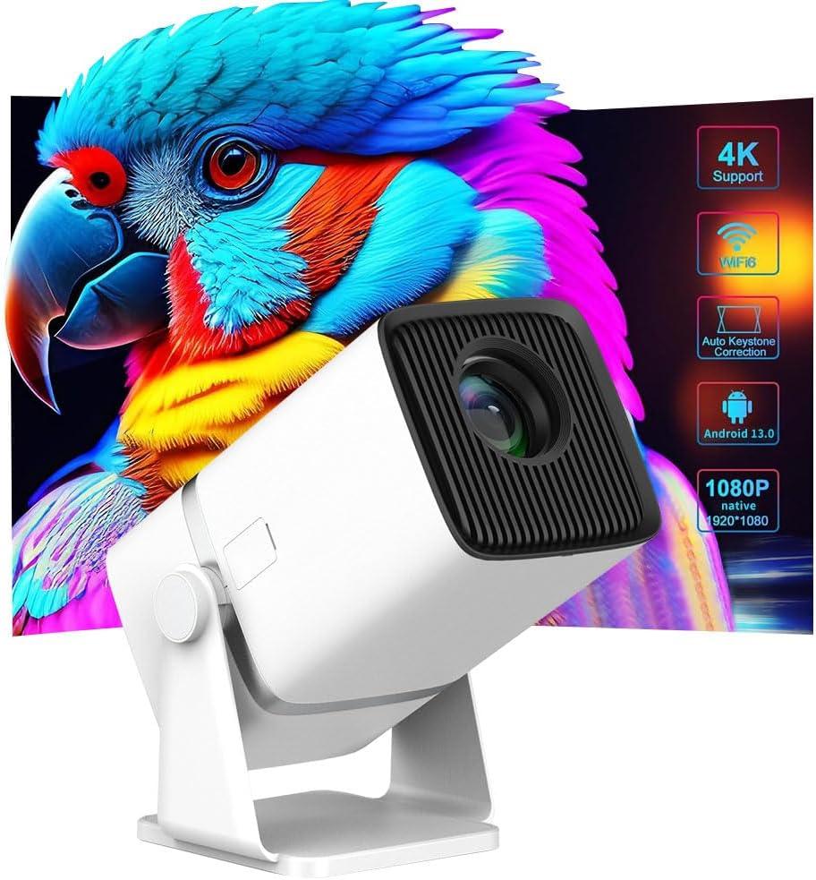 Mini Projector with WiFi and Bluetooth, Native 1080P, 180 Rotation Stand Smart Projector, 150" Portable Projector with Android TV 13, 2.4G/5G, 300 ANSI Auto Keyston Outdoor/Home Movie,White
