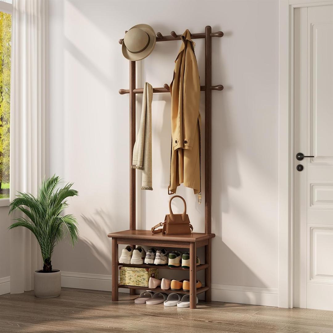 Coat Rack with Shoe Storage, Narrow Wooden Hall Tree with Bench, 11 Hooks and 2-Tier Storage Shelves, 3-in-1, Entryway Bench with Coat Rack