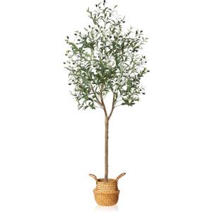Artificial Olive Tree 6FT  Tall Faux Tree with Realistic Silk Leaves, Handmade Seagrass Basket, Low-Maintenance Large Fake Plants for Modern Office, Floor & Home Decor, Living Room, Indoor Plants