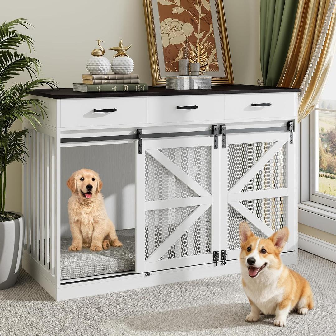 48" Dog Crate Furniture with Storage, Heavy Duty Dog Kennel Indoor with Divider for Small, Medium and Large Dogs, Large Dog Cage with Sliding Barn Door, Decorate House as TV Stand, End Table