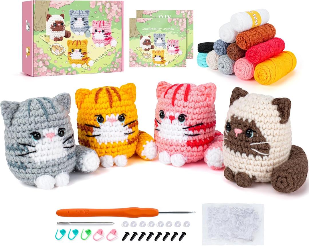 Crochet Kit for Beginners -4 PCS Cat Crochet Kit with Step-by-Step Video Tutorials, Learn to Crochet Kits for Adults, Beginner Crochet Kits for Adults, Animals Cat Crafts Knitting Kit Galentines Gifts