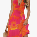 Wkior Women's Sundress Summer Beach Vacation Sleeveless Halter Neck A-Line 2025 Boho Floral Midi Dress with Pockets Size S