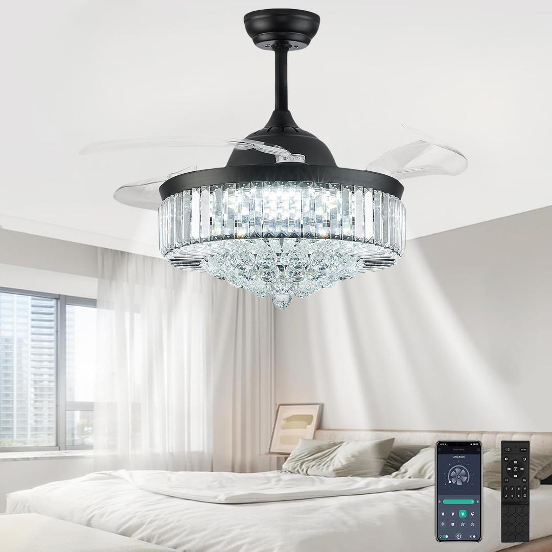 48'' Fandelier Ceiling Fan with Light, Retractable Fan, Black | app & remote control, dimmable 3CCT LED, 6-speed quiet DC motor, memory and timer, suitable for living room/bedroom/dining