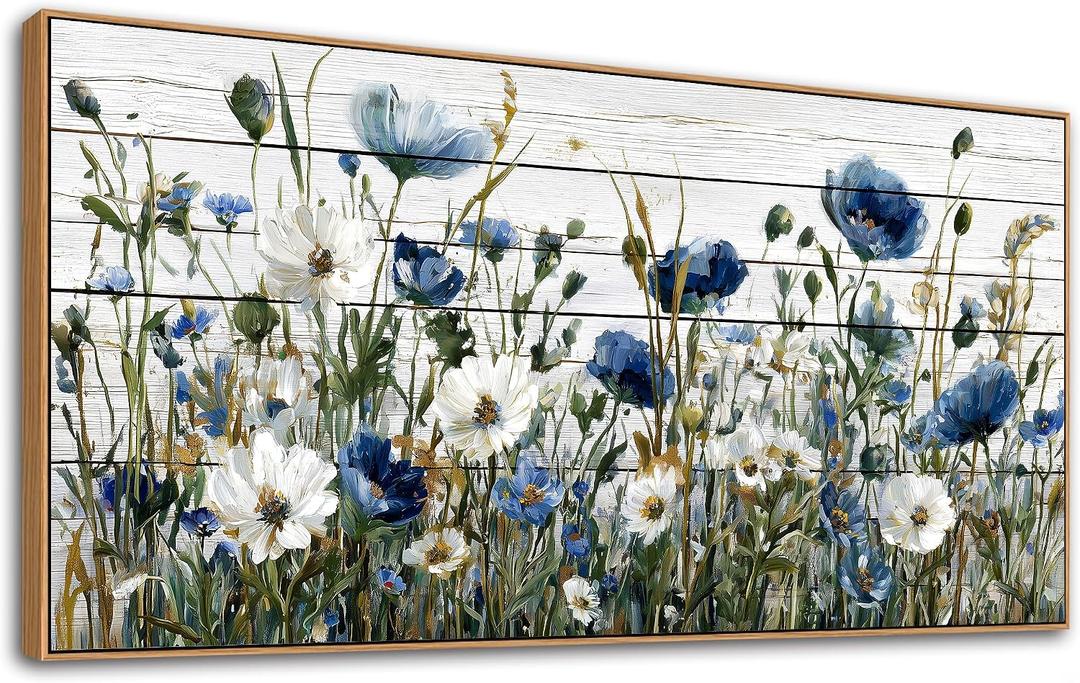 KZKU Floral Canvas Wall Art Blue and White Wildflowers Rustic Modern Farmhouse & Country Decor for Living Room Bedroom Kitchen 20x40inch