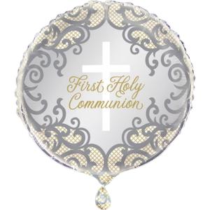 Unique Fancy Gold Cross First Holy Communion Foil Balloon - 18 inch (1 Pc.) - Elegant Gold and Grey Design, Perfect for Communion Celebrations