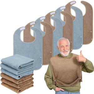 Threlaco 6 Pack Adult Bibs for Men and Women Elderly Senior Washable Clothing Protector with Crumb Catcher Large Towel Bibs for Special Needs Adult and Disabled Adjustable Reusable