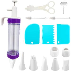 15 Pcs Cake Decorating Baking Syringe Tool Kit, Cupcake Filling Injector with Icing Nozzles Cream Scrapers Nozzle Brush Flower Nail Lifter Scissors Pastry Frosting Gun Piping Kit for Cookies