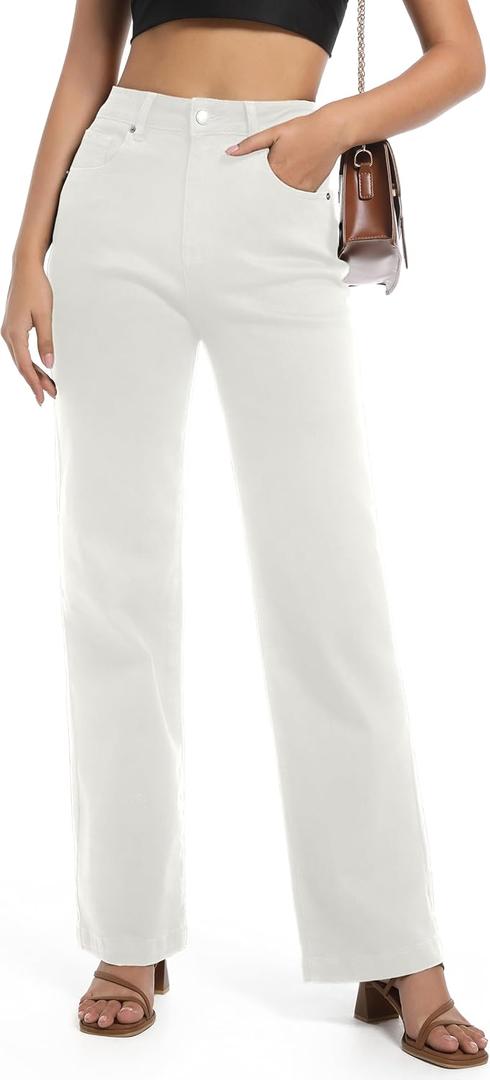 Women's Jeans High Waisted Straight Leg Stretchy Jeans Trendy Wide Leg Tummy Control Loose Casual Denim Pants (White, US 8)