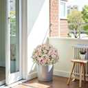24" Artificial Potted Flowers for Outdoors Set of 2 - UV Resistant Faux Pink Silk Peonies with Eucalyptus Plants in Cement Pots for Outside Front Porch Home Indoor Decor
