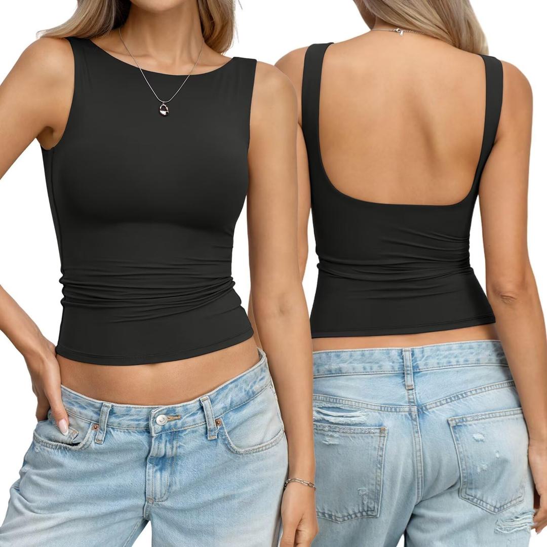 EasyGala Womens Double Lined Backless Crop Tank Tops Fitted Boat Neck Top Summer Sleeveless Going Out Cropped T Shirts, Medium