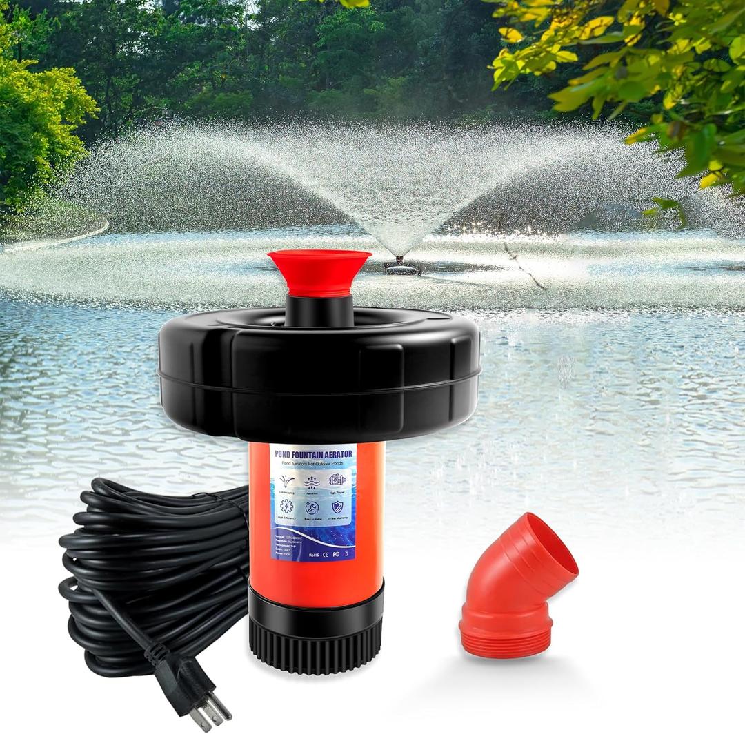 Pond Fountain Aerator 750W, 1HP 15000 GPH Floating Aerating Pump, 120ft Power Cord for Small & Large Ponds & Lakes (120V) Red Pond Fountains Pond Fountain Aerator 750W, 1HP 15000 GPH Floating Aerating Pump, 120ft Power Cord for Small & Large Ponds & Lakes (120V) Red Pond Fountains