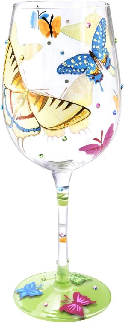 NymphFable Hand-painted Glass Colorful Butterflies Artisan Painted Glass 15 oz Novelty Gift for Birthdays, Weddings, Valentine's Day