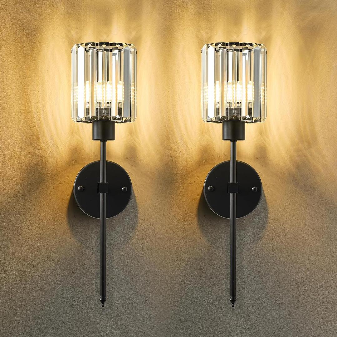 KARTOOSH Hardwired Crystal Wall Sconces Set of Two - Dimmable Wall Light Fixtures 3000K, Warm White, for Hallway, Bathroom, Living Room, Bedroom, Black, 20.1 Inch