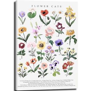 Flowers Cats Canvas Wall Art Botanical Cat Encyclopedic Pictures Wall Decor Whimsical Eclectic Colorful floral Painting Posters Print Artwork for Living Room Bedroom Home Decoration 16x24 inch
