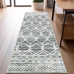 jinchan Moroccan Runner Rug 2x6 - Kitchen Machine Washable Runner Rug Modern Geometric Low-Pile Lightweight Non-Slip Carpet for Entryway Hallway Laundry Room Bedroom Bedside (2x6ft, Grey)