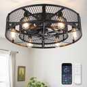 Caged Ceiling Fan with Light: 26 Inch Ceiling Fan with Remote APP Control Quiet DC Motor - Farmhouse Ceiling Fans Plastic Cage for Rustic Kitchen Bedroom (E26 Bulbs Included) (Black)