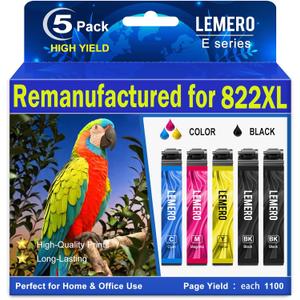 LEMERO Remanufactured for Epson 822XL Ink Cartridges Replacement for Epson 822 Ink Cartridges Works with Workforce Pro WF-3820 WF-3823 WF-4820 WF-4830 WF-4833 WF-4834 Printer 5 Pack High Yield