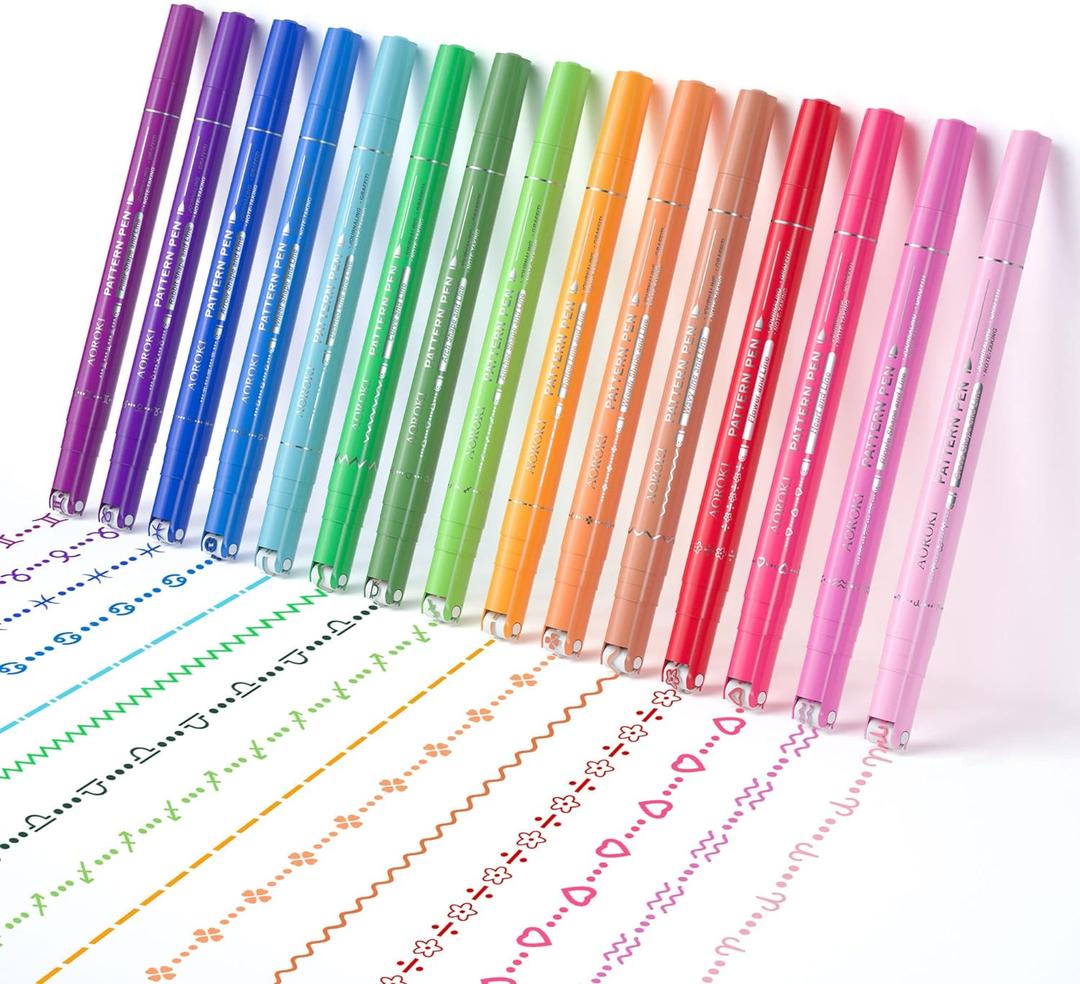 15 Colors Curve Highlighter Pens Set15 Different Shapes Dual Tip Markers Cool Pens for Journal Planner Scrapbook Art Office School Supplies (Pattern Tip + Fine Tip (15 vibrant))