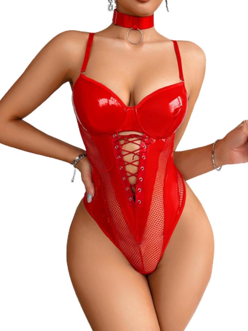 Kaei&Shi Rave Outfits Bodysuit Tops, Fishnet Corset Body Suit, Sexy Lingerie For Women, Faux Leather Festival Goth (8-10, Red) Kaei&Shi Rave Outfits Bodysuit Tops, Fishnet Corset Body Suit, Sexy Lingerie For Women, Faux Leather Festival Goth (8-10, Red)