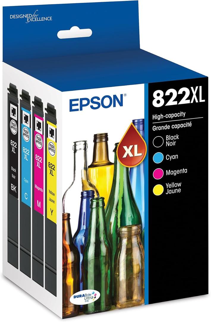 Epson 822 DURABrite Ultra Ink High Capacity Black & Color Cartridge Combo Pack (T822XL-XCS) Works with Workforce Pro WF-3820,3823, 4820, 4830, 4833, 4834