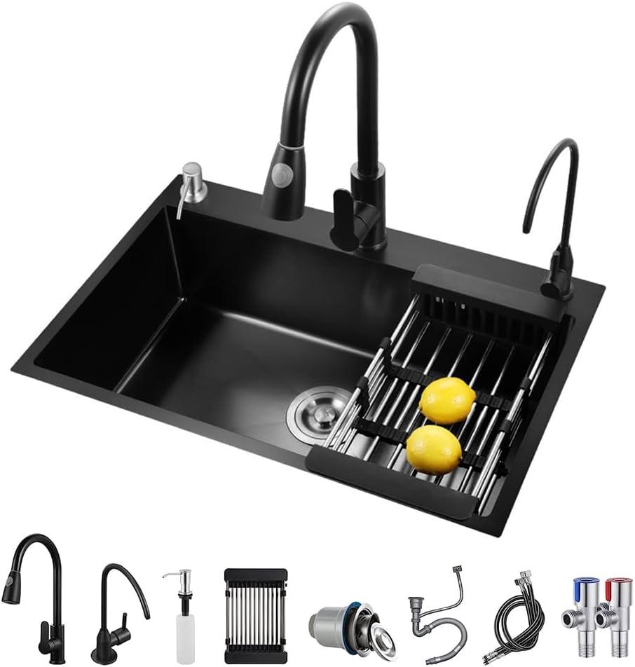 ARTLINE Black Kitchen Sink, Stainless Steel Single Bowl Sink, Drop In/Topmount Workstation Sink with Sliding Accessories, Farmhouse Workstation sink with Multiple Accessories (31.5 x 17.7in)