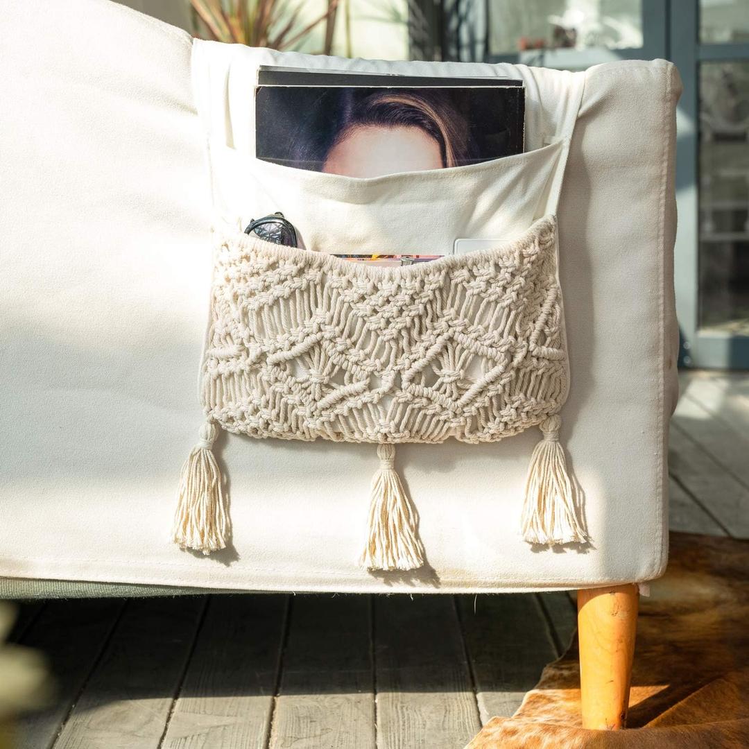 Mkono Macrame Couch Organizer Remote Control Caddy Sofa Armrest Armchair Bedside Storage Holder Bag for TV Remote, Magazine, Books, Cell Phone, iPad, Boho Living Room Home Dorm Decor, Beige (Medium)