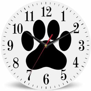 Mxocom Dog Paw Wall Clock Animal Puppy Black Cartoon Footprint 10 Inch Silent Non Ticking Battery Operated Clock Vintage Round Clock for Living Room Bedroom Bathroom Office Decor