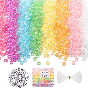 Pony Beads AB Colors, Hair Beads for for Kids Girls, 1200Pcs Pony Beads and 100 Pcs Letter Beads, Plastic Pastel Beads for DIY Crafts Braids Bracelet Jewelry Making (8 AB Colors)