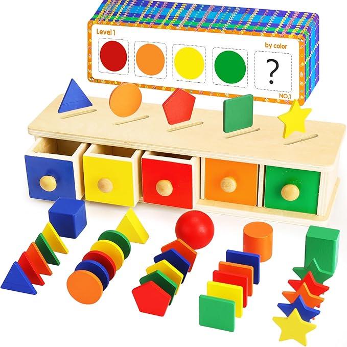 Peacurh Montessori Toys Wooden Color & Shape Sorter Toys for Toddlers 13, Matching Box Sorting Blocks Manipulatives Preschool Learning Educational Toy for 1 2 3 4 Year Old Boy Girl Kid Gifts
