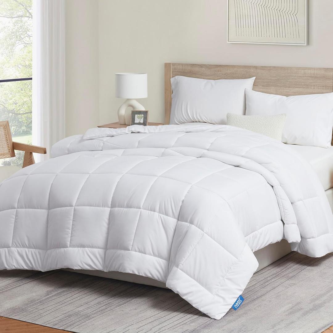 Nestl Queen Comforter - Quilted Down Alternative, All Season White, Queen Size with Corner Tabs