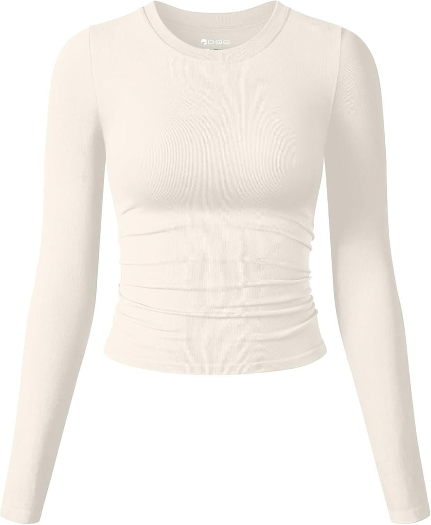 OQQ Womens Shirts Long Sleeve Crew Neck Ruched Stretch Basic Fitted Tee Shirts Tops Beige, L