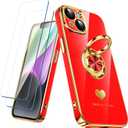Compatible for iPhone 14 Case with 2 Pack Screen Protector, 360 Rotatable Ring Holder [Luxury Hearts Pattern] Plating Gold Edge Slim Soft Phone Cover Case for iPhone 14 - Red