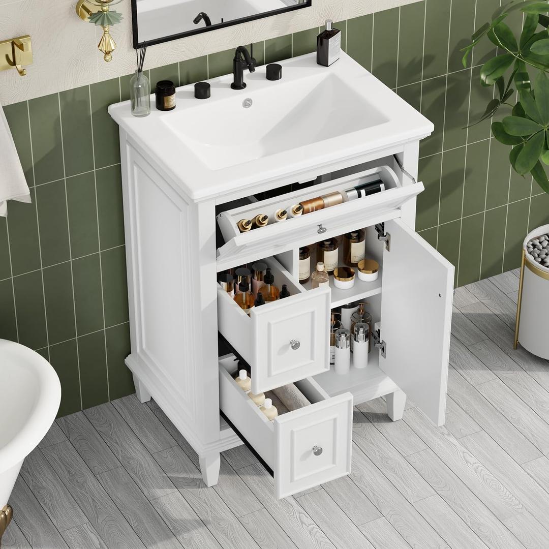 24 Inch Small Bathroom Vanity with Sink, Storage Cabinet with Tip-out Drawer and Adjustable Shelf, Soft-closing Door, White