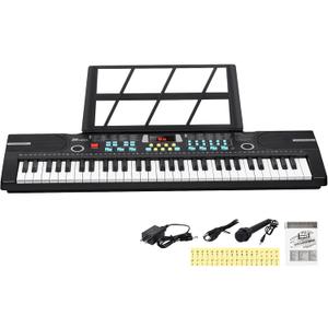Kids Keyboard 61 Keys, Beginner Electronic Piano with One-Key Teaching 100 Tones & Rhythms, Portable Music Keyboard for Children with Microphone, Music Stand [Black, Compact]