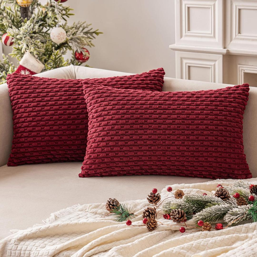 MIULEE Wine Red Throw Pillow Covers Soft Corduroy Decorative Set of 2 Boho Striped Pillow Covers Pillowcases Farmhouse Home Decor for Couch Bed Sofa Living Room 12x20 Inch